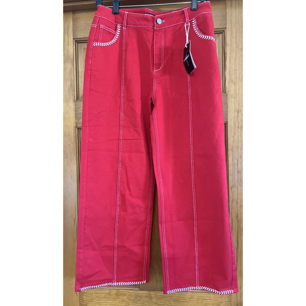 Flamingals Women's Red White Contrast Stitch Wide Leg Crop Pants Sz Medium
